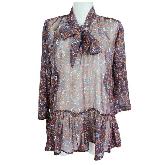 Womens KUT From the Kloth brown multicolor sheer blouse Size L TUNIC Boho NWT - Picture 1 of 6